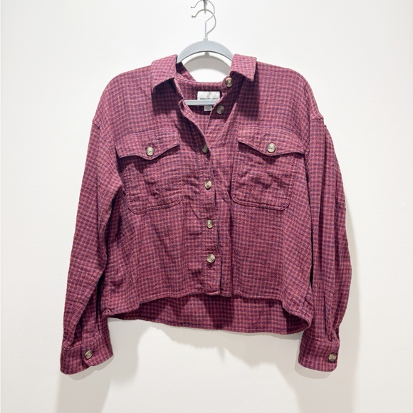 American Eagle Outfitters Tops - American Eagle Outfitters Burgundy Navy Button Down Cropped Flannel Shirt Sz M